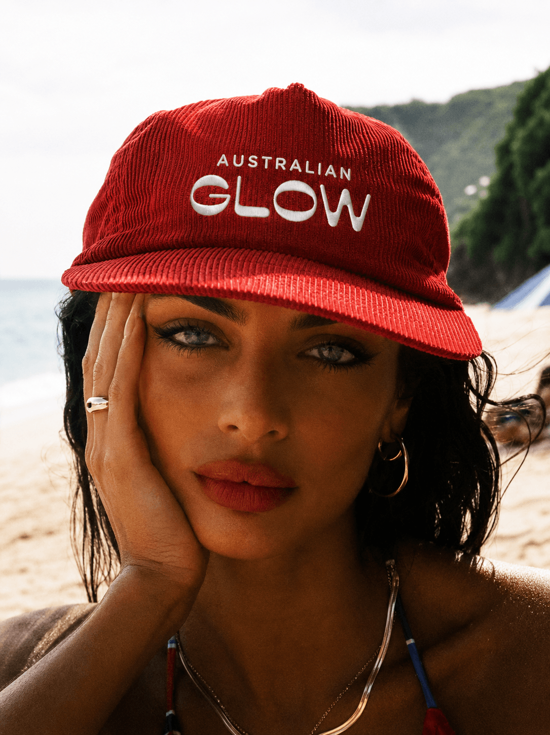 Summer Club cap, on-model beach portrait