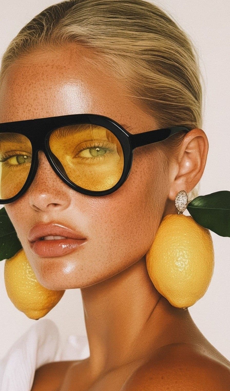 Australian Glow campaign — model in yellow aviator lenses, lemons used as earrings