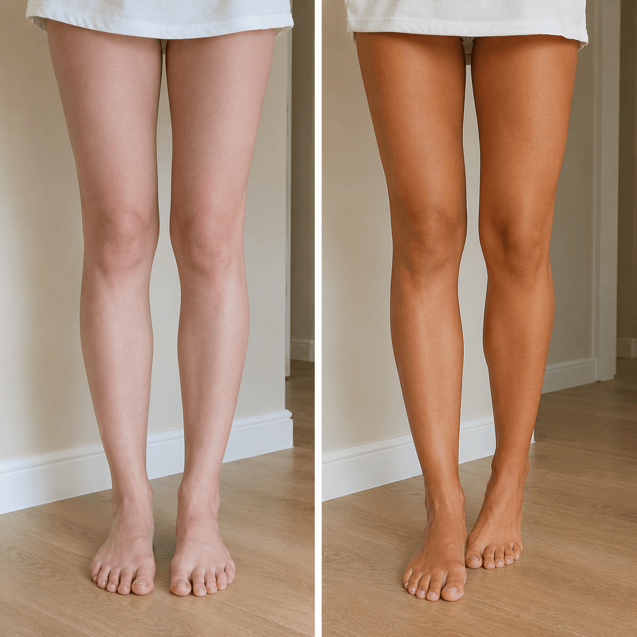 Side by side leg comparison — pale untanned skin next to a clean medium-bronze tan, before and after