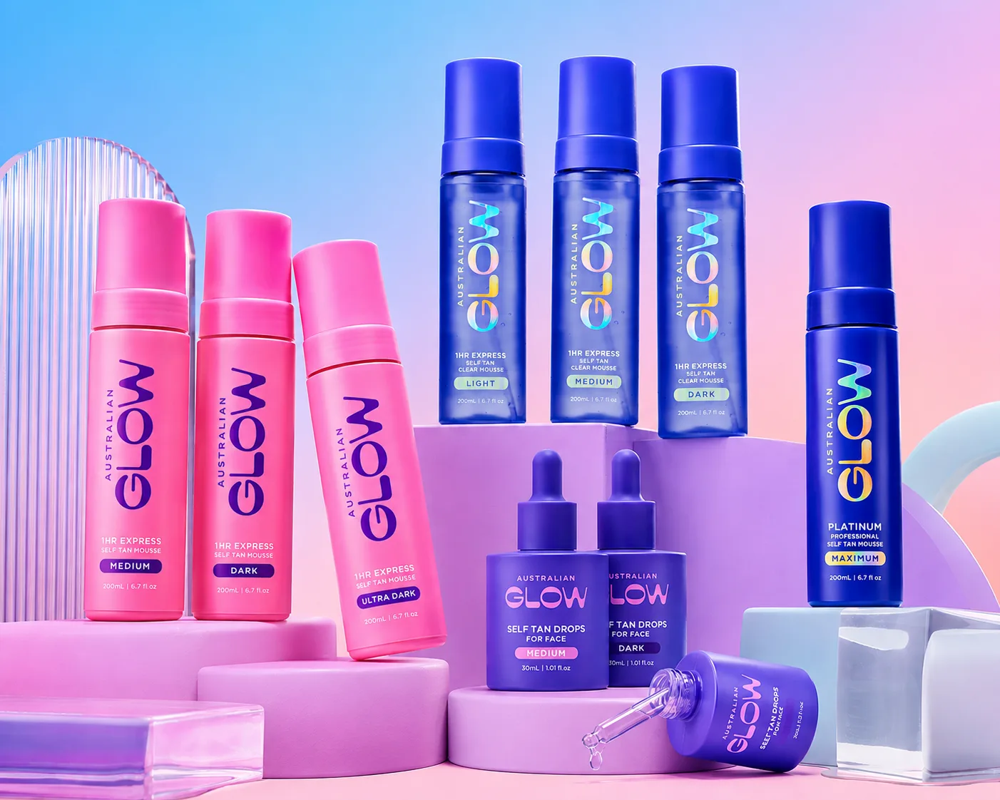 Australian Glow bottles on pastel platforms