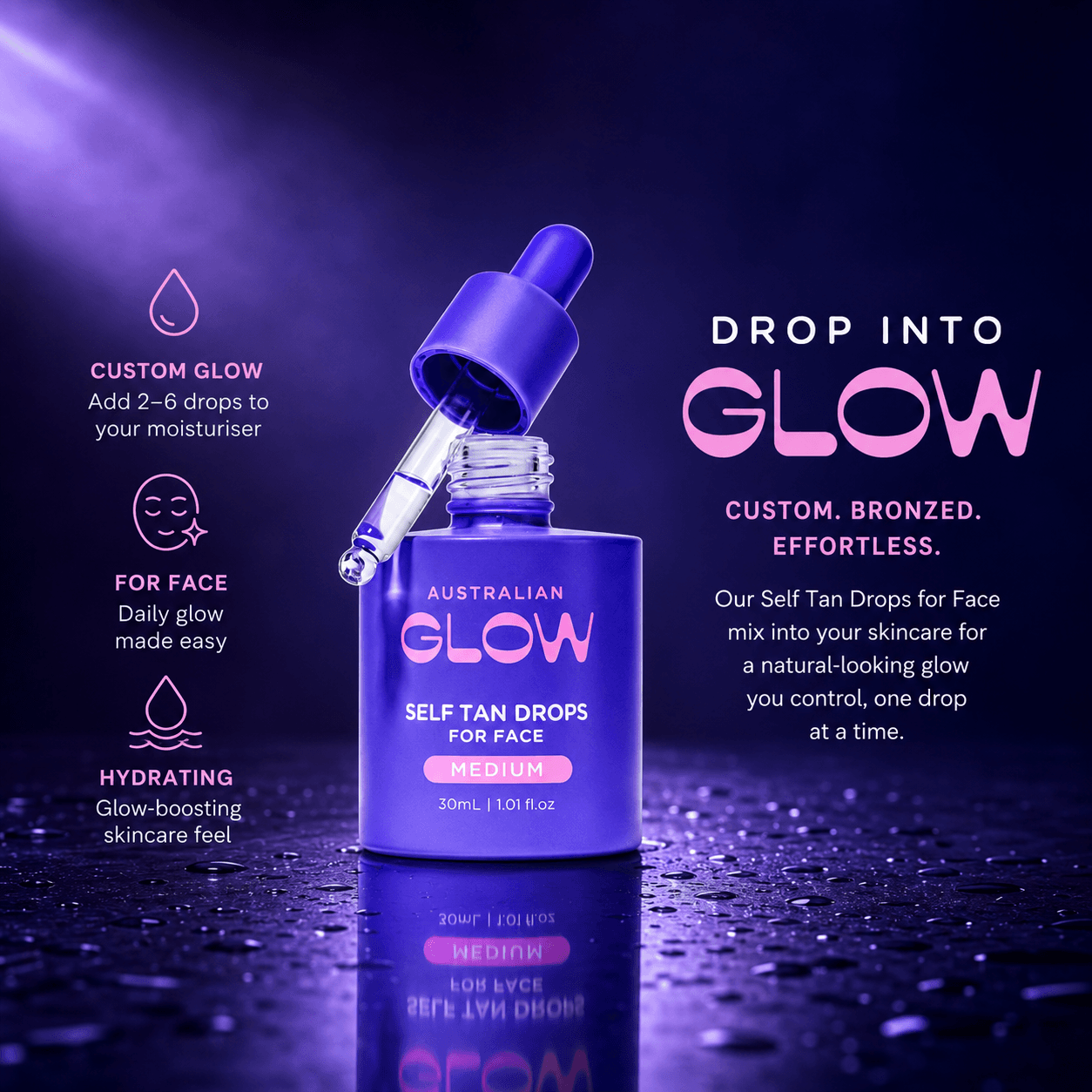 Drop Into Glow — Face Tan Drops Medium campaign tile with three benefit pills